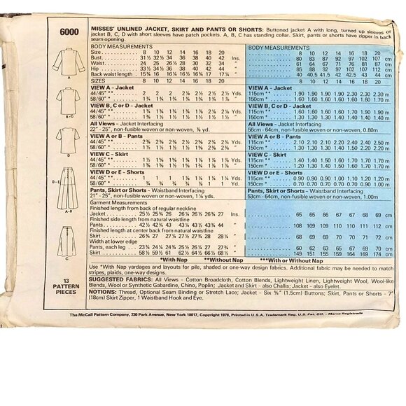 1970s Vintage McCalls 6000 Misses Unlined Jacket Skirt & Pants Pattern Sizes 12- - Picture 3 of 4